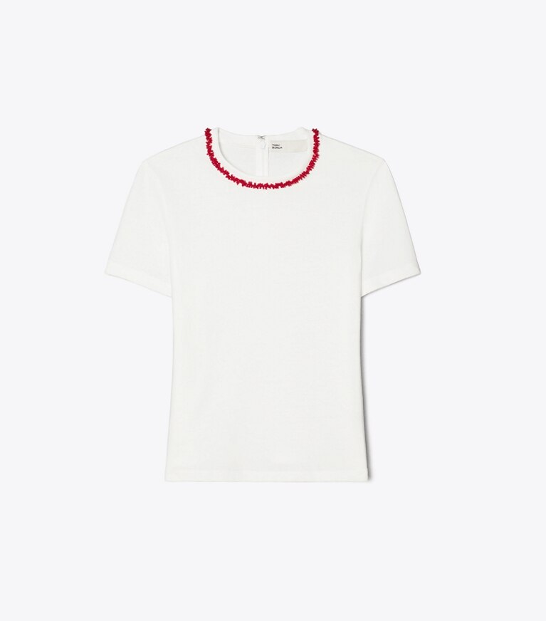 Tory Burch diseñador tops Camiseta de algodón con adornos en Snow White / Bright Red frente