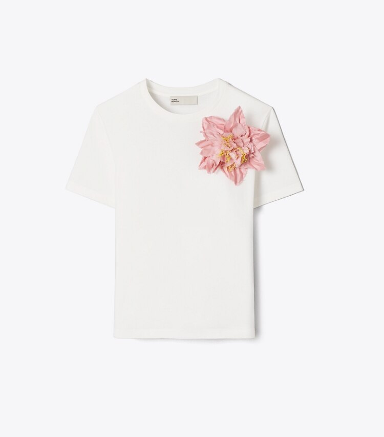 Tory Burch diseñador tops Camiseta de algodón con adornos en Snow White / Light Pink frente