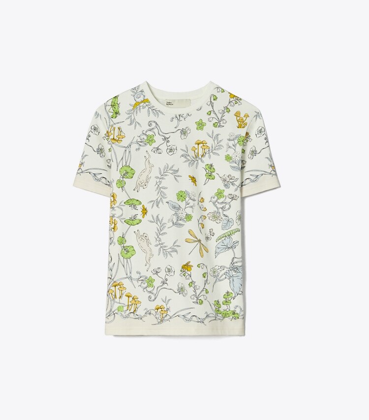 Tory Burch diseñador tops Camiseta de algodón estampado en Beige Rabbit Field frente