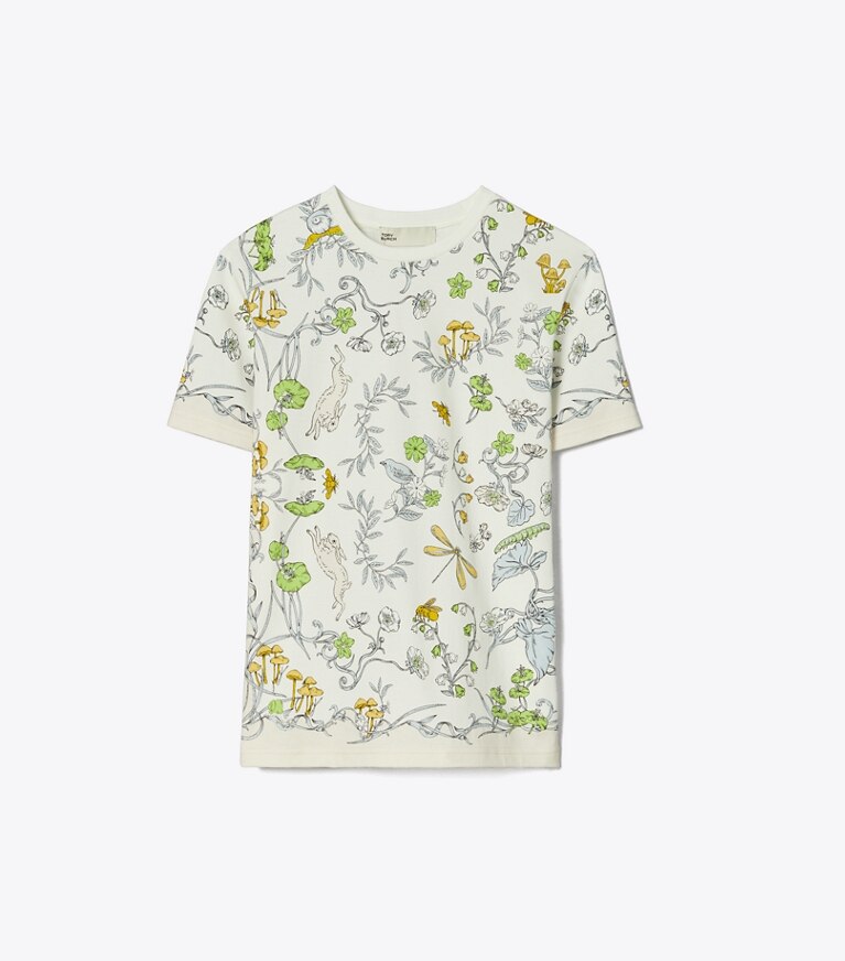 Tory Burch diseñador tops Camiseta de algodón estampado en Beige Rabbit Field frente