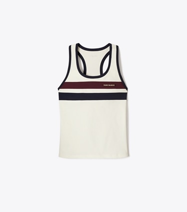 Tory Burch diseñador tops Camiseta de tenis sin mangas de doble raya en Snow White frente