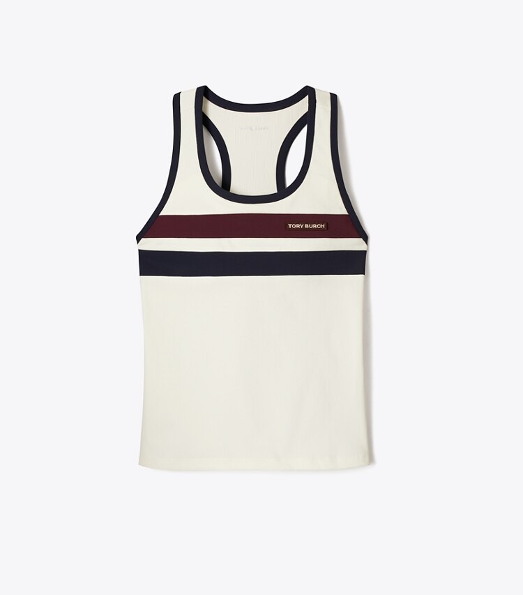 Tory Burch diseñador tops Camiseta de tenis sin mangas de doble raya en Snow White frente
