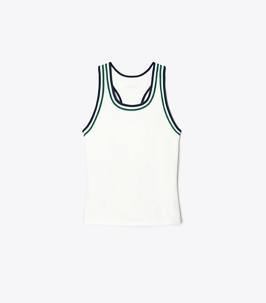 Tory Burch diseñador tops Camiseta de tenis sin mangas de jersey de alto rendimiento con espalda nadadora en Snow White / Evergreen frente