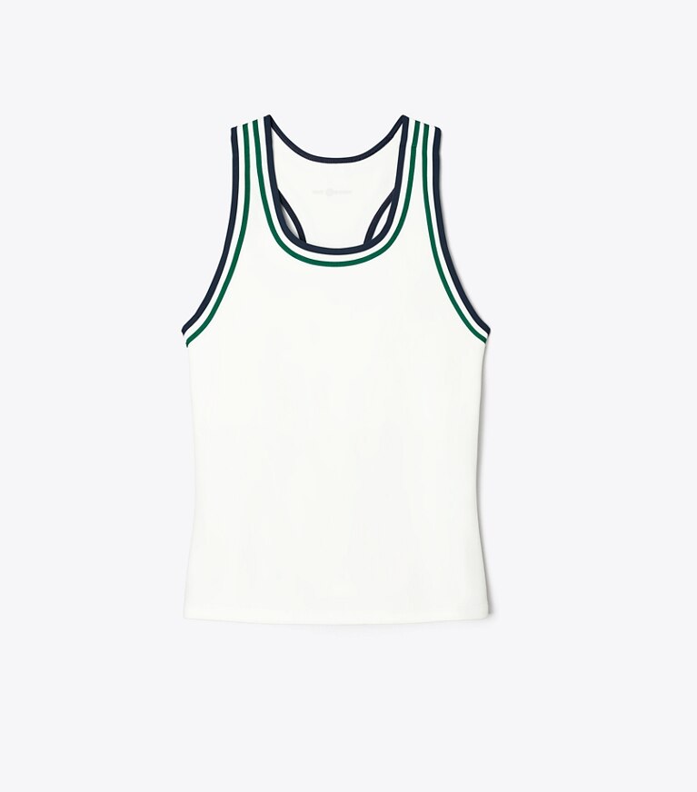 Tory Burch diseñador tops Camiseta de tenis sin mangas de jersey de alto rendimiento con espalda nadadora en Snow White / Evergreen frente