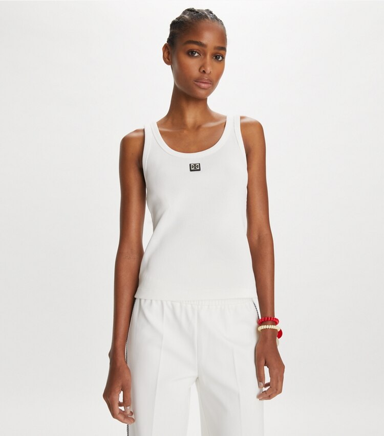 Tory Burch diseñador tops Camiseta de tirantes de algodón con cuello redondo en Snow White detalle en modelo