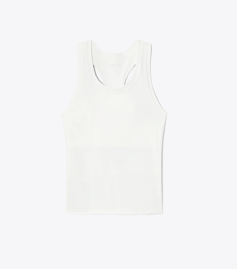 Tory Sport diseñador tops Camiseta de tirantes de tenis con espalda nadadora de punto técnico en Snow White frontal
