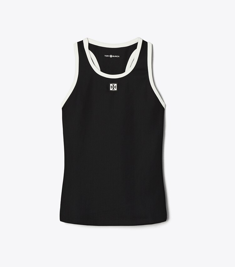 Tory Burch diseñador tops Camiseta de tirantes de tenis de jersey con espalda nadadora en Black / Snow White frontal