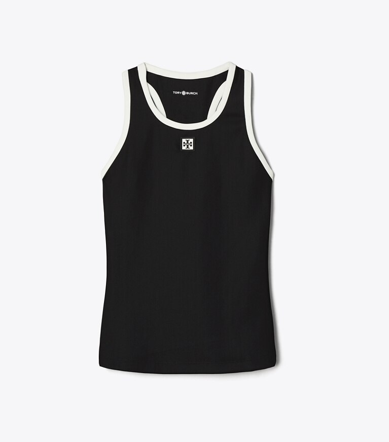 Tory Burch diseñador tops Camiseta de tirantes de tenis de jersey con espalda nadadora en Black / Snow White frontal