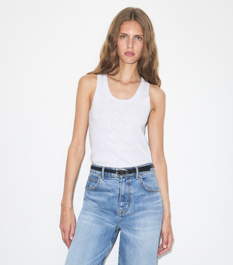 Tory Burch diseñador suéteres Camiseta de tirantes de viscosa Pointelle en White detalle en modelo