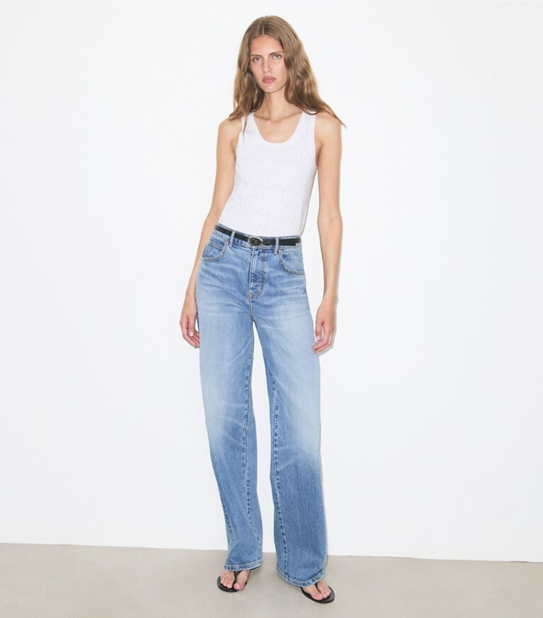 Tory Burch diseñador suéteres Camiseta de tirantes de viscosa Pointelle en White frente en modelo