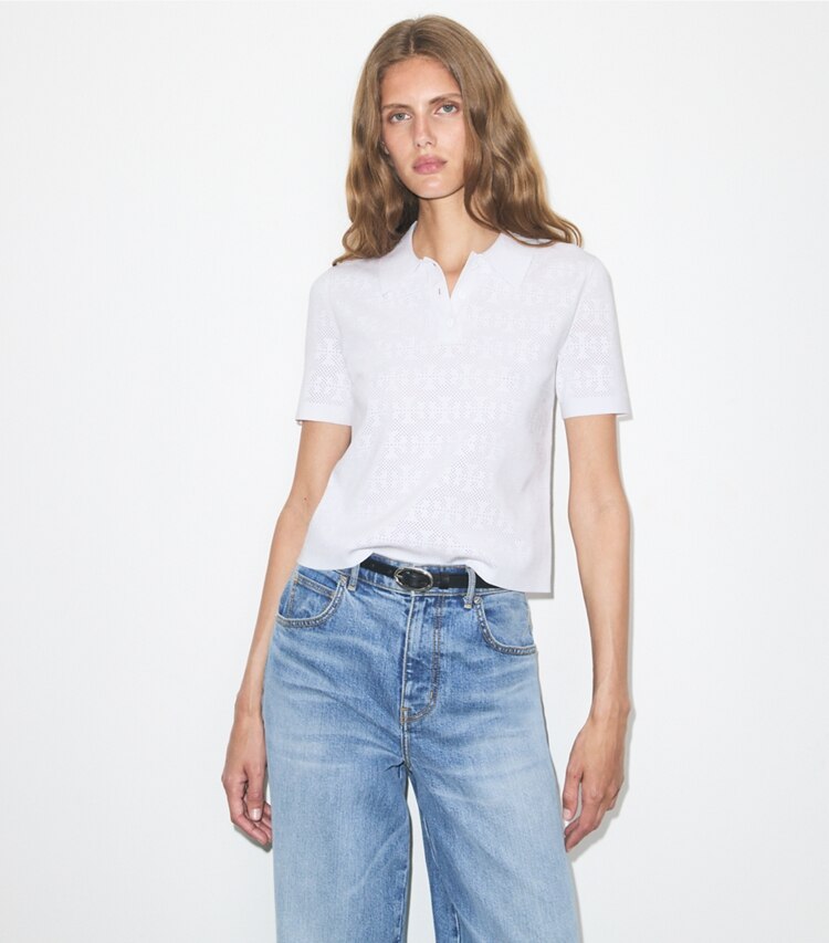 Tory Burch diseñador suéteres Camiseta de viscosa Pointelle en White detalle en modelo