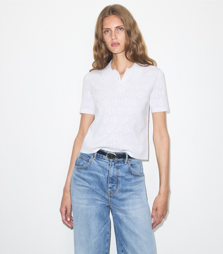 Tory Burch diseñador suéteres Camiseta de viscosa Pointelle en White detalle en modelo