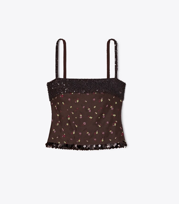 Tory Burch diseñador tops Camiseta sin mangas con adornos en Coffee frente