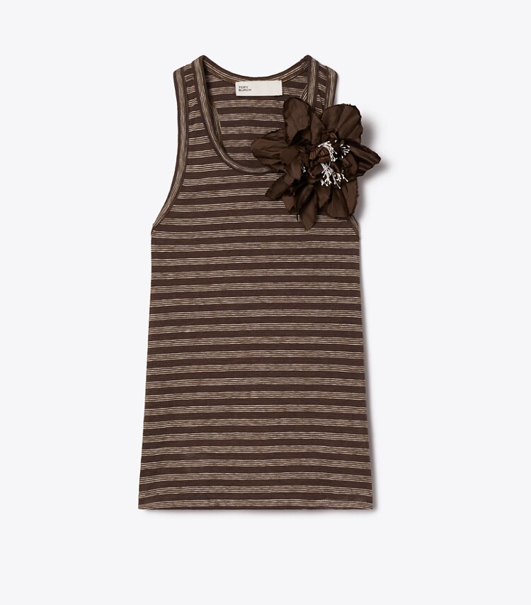 Tory Burch diseñador tops Camiseta sin mangas con espalda tipo nadador en Brown / Navy / White Stripe frente