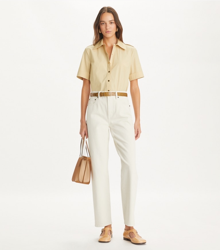 Tory Burch designer oberteile Camp Freizeithemd aus Popeline in Soapstone front