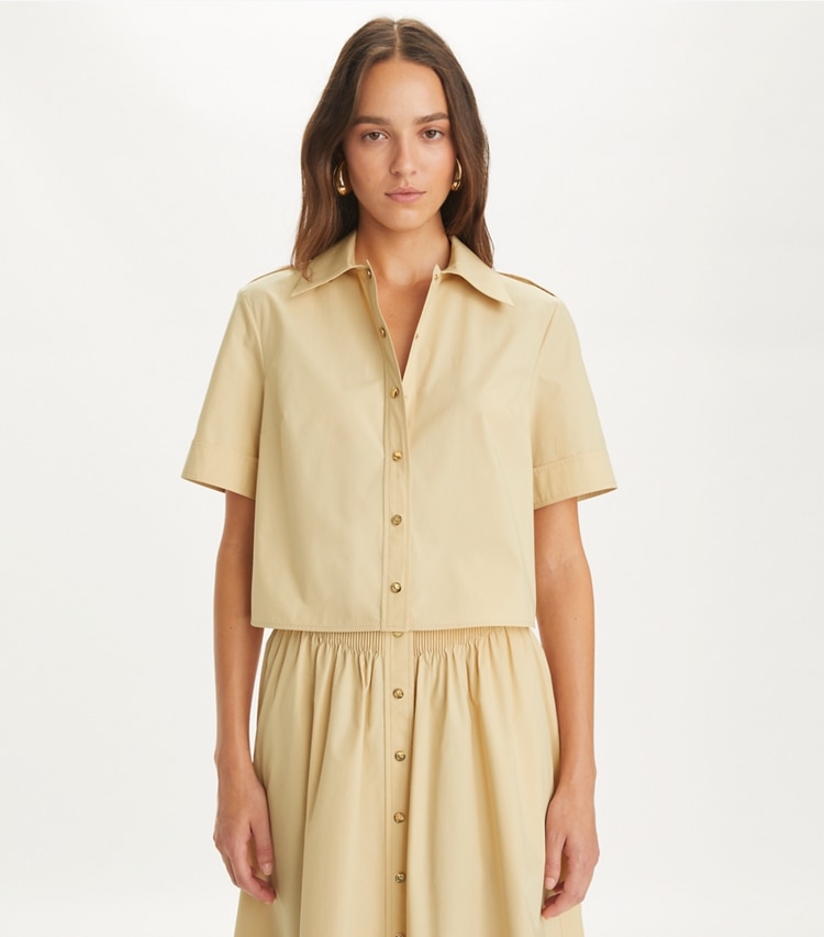 Tory Burch designer oberteile Camp Freizeithemd aus Popeline in Soapstone on model detail