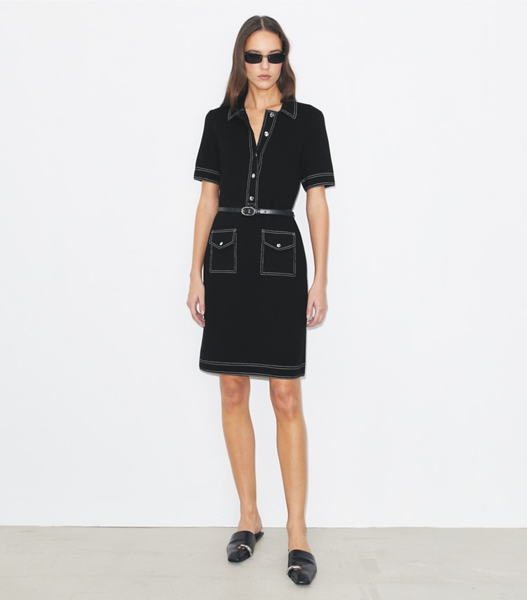 Tory Burch designer kleider Camp-Kleid aus Wolle mit Steppnähten in Black modell von vorn