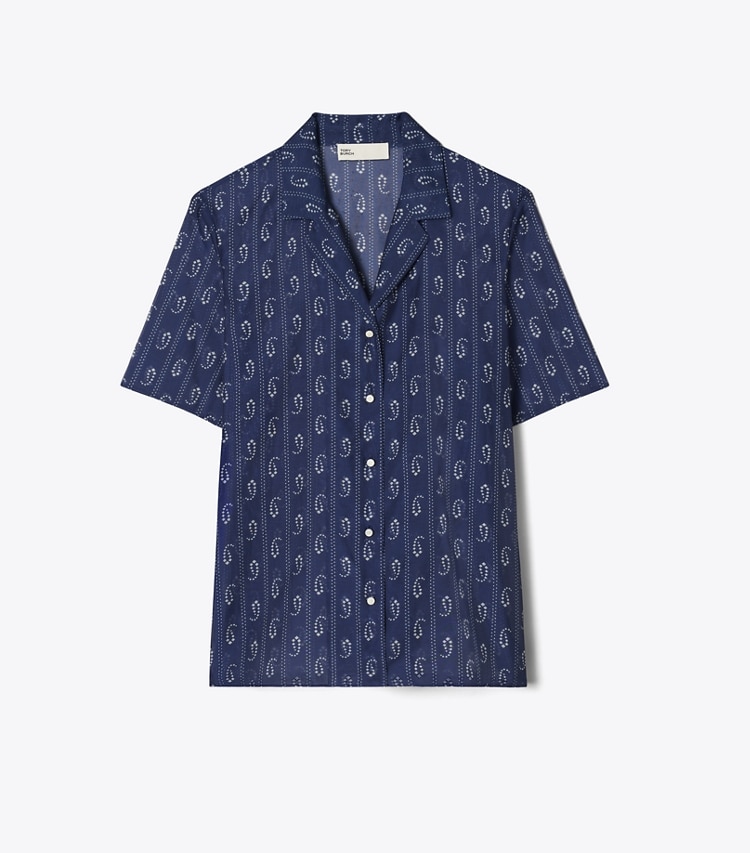 Tory Burch designer coverups Camp Shirt in Blue Pajama Print front