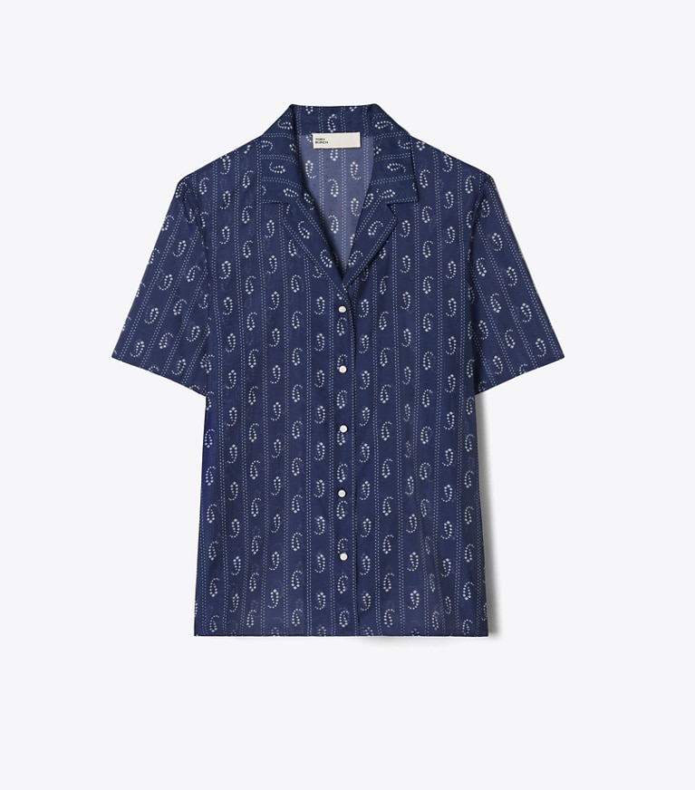 Tory Burch designer coverups Camp Shirt in Blue Pajama Print front