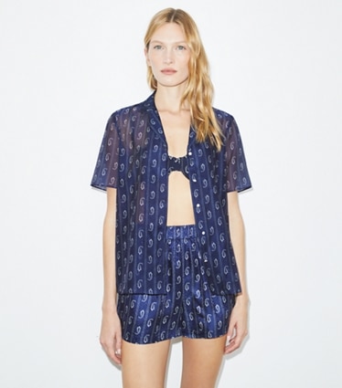 Tory Burch designer coverups Camp Shirt in Blue Paisley on model detail