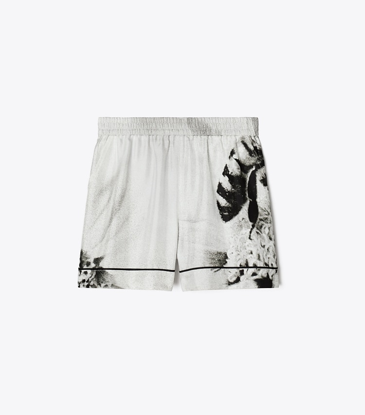 Tory Burch designer strandmode Camp Shorts aus Seide in Gray Bee front