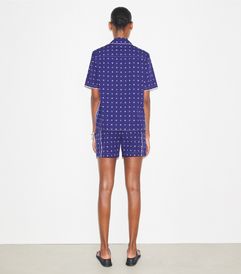 Tory Burch designer strandmode Camp Shorts aus Twill in Ballpoint Ink Nothing Ditsy front