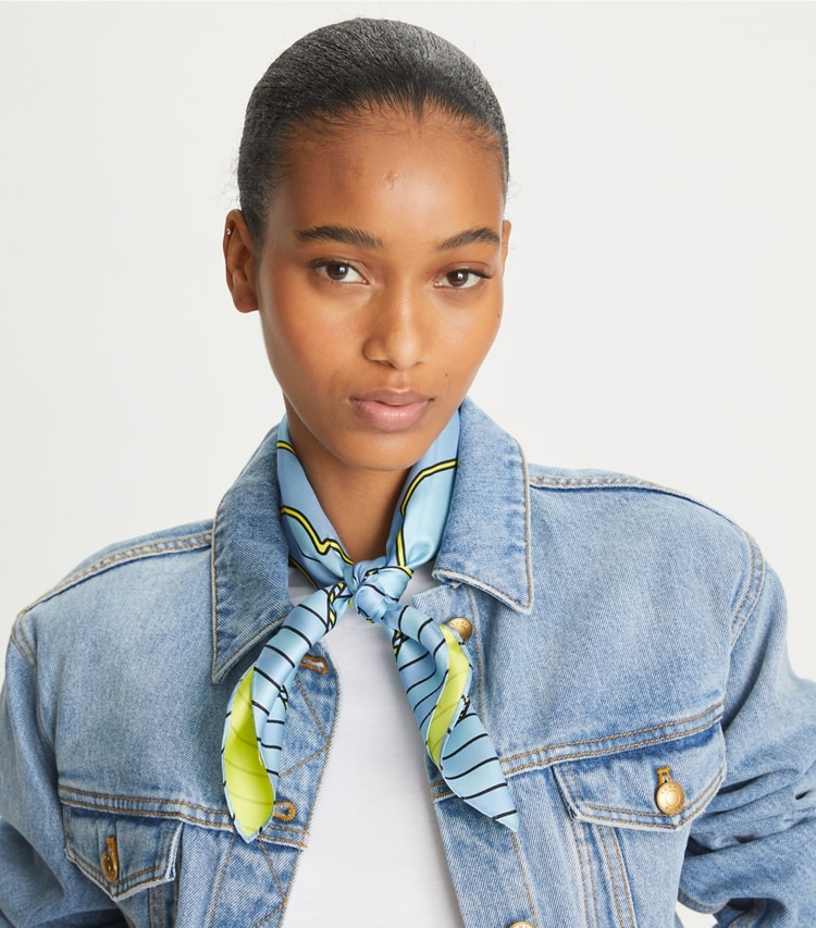 Tory Burch designer scarves Candy Stripe Silk Neckerchief in Light Blue accessory on model