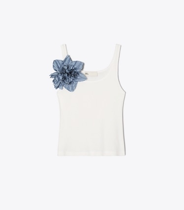 Tory Burch designer tops Canotta a coste in White / Misty Blue front