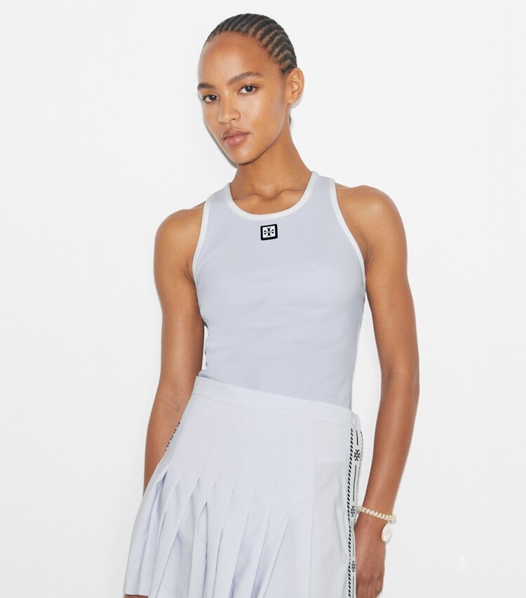 Tory Burch designer tops Canotta da tennis in jersey in Light Blue  / Snow White on model detail