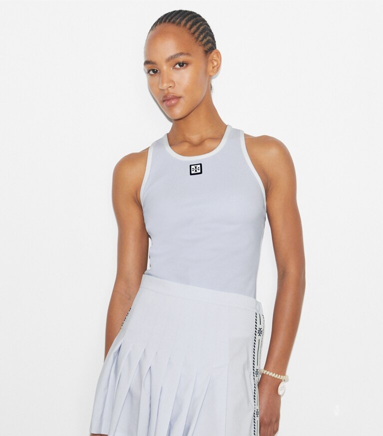Tory Burch designer tops Canotta da tennis in jersey in Light Blue  / Snow White on model detail