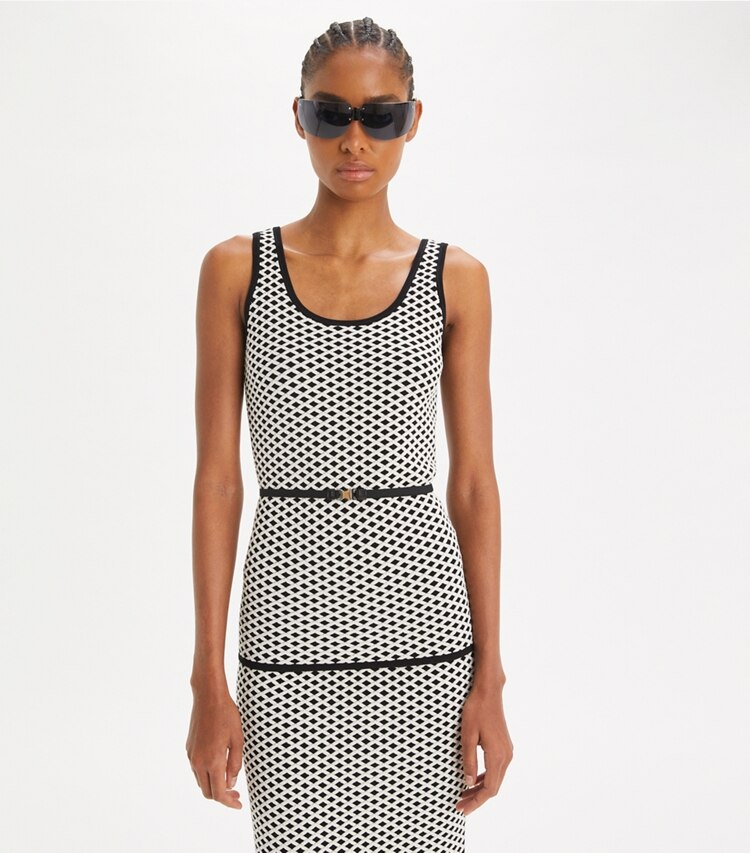 Tory Burch designer tops Canotta in jacquard in Black / New Ivory on model detail