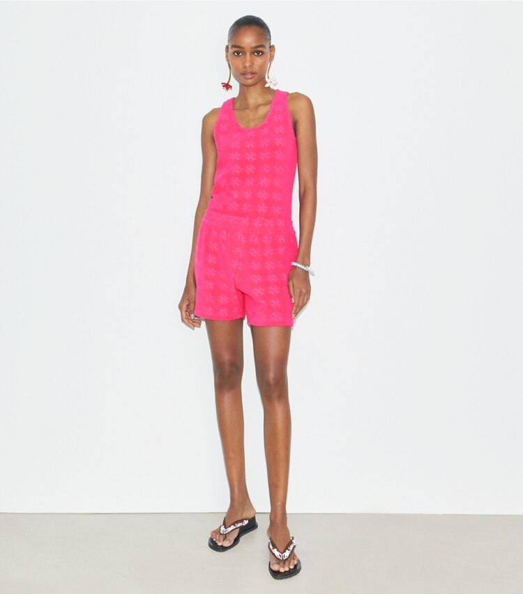Tory Burch designer copricostume Canotta in spugna in Bold Pink parte anteriore su modella