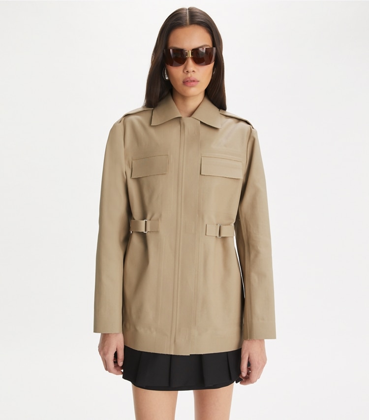 Tory Burch designer jackets Canvas Jacket in Silver Taupe on model detail