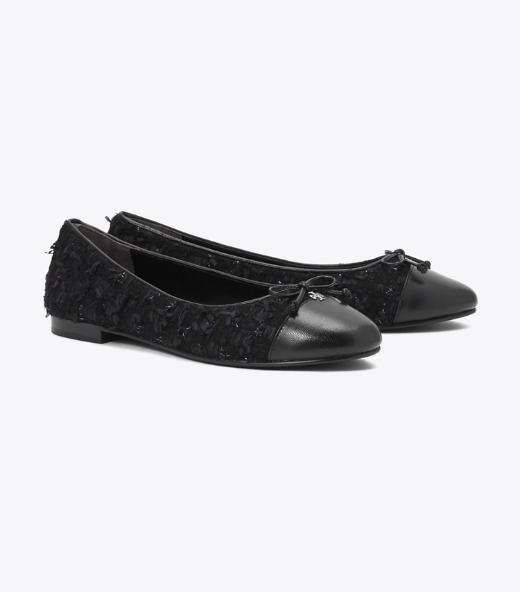 Tory Burch designer フラット キャップトゥ バレエ ワイド in MIDNIGHT TWEED / PERFECT BLACK angle