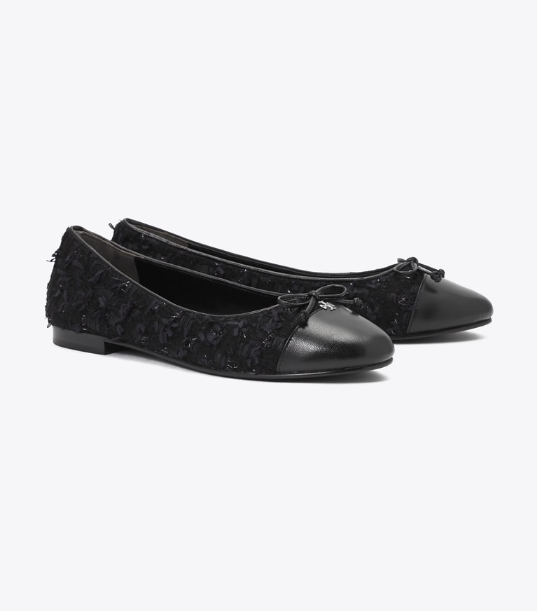 Tory Burch designer フラット キャップトゥ バレエ ワイド in MIDNIGHT TWEED / PERFECT BLACK angle