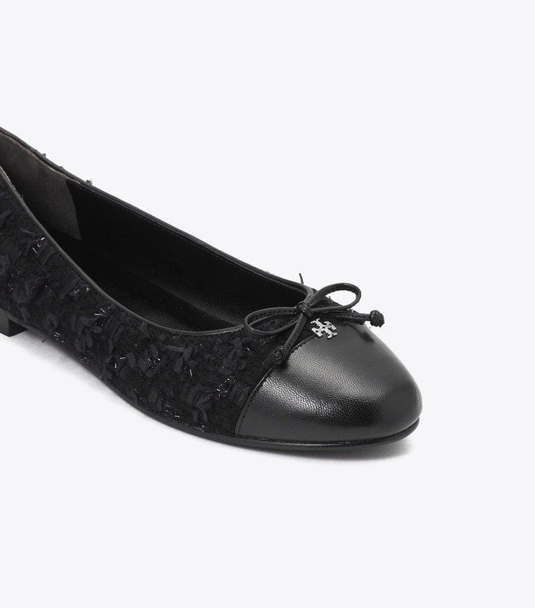 Tory Burch designer フラット キャップトゥ バレエ ワイド in MIDNIGHT TWEED / PERFECT BLACK angle