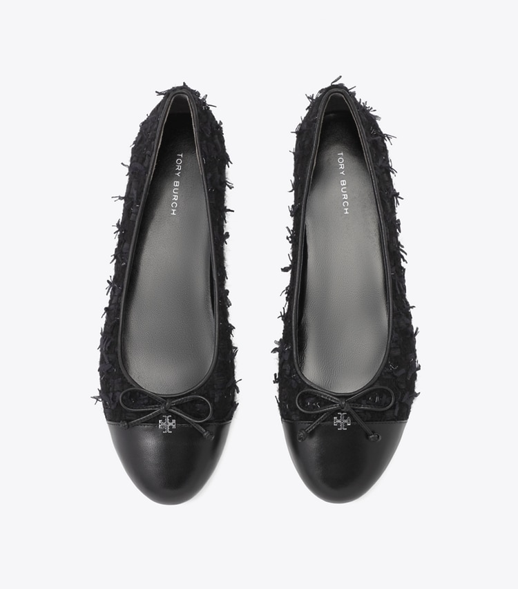 Tory Burch designer フラット キャップトゥ バレエ ワイド in MIDNIGHT TWEED / PERFECT BLACK オーバーヘッド