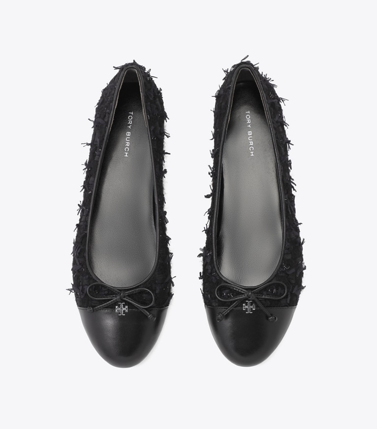 Tory Burch designer フラット キャップトゥ バレエ ワイド in MIDNIGHT TWEED / PERFECT BLACK angle
