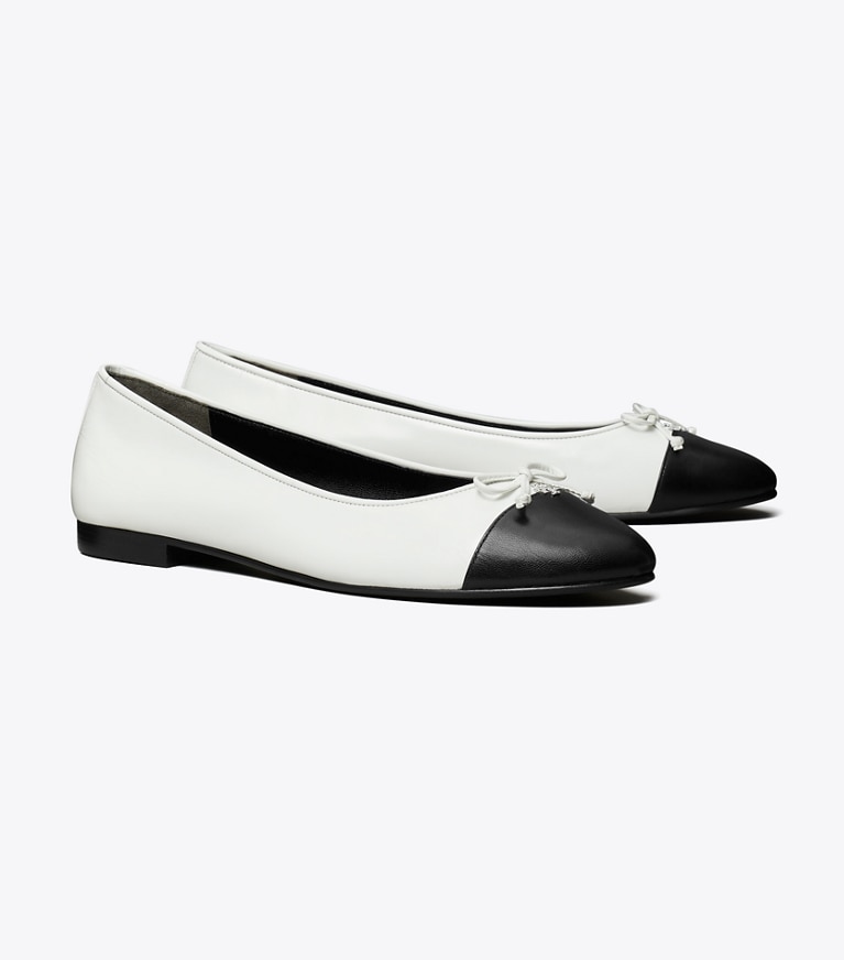 Tory Burch designer flats Cap-Toe Ballet in CLOUD / PERFECT BLACK angle