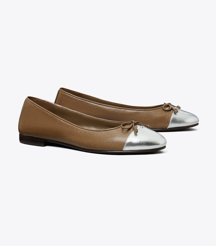 Tory Burch designer flats Cap-Toe Ballet in WILD MUSHROOM / SILVER angle