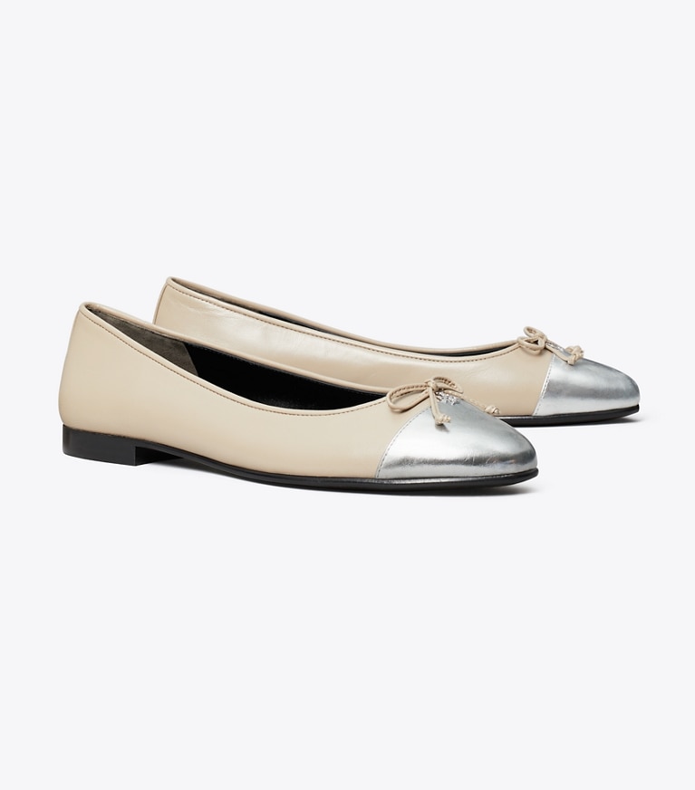Tory Burch designer flats Cap-Toe Ballet in OYSTER / SILVER angle