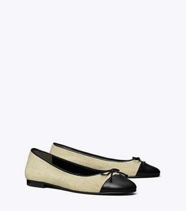 Tory Burch designer flats Cap-Toe Ballet in WILD WHEAT / PERFECT BLACK angle