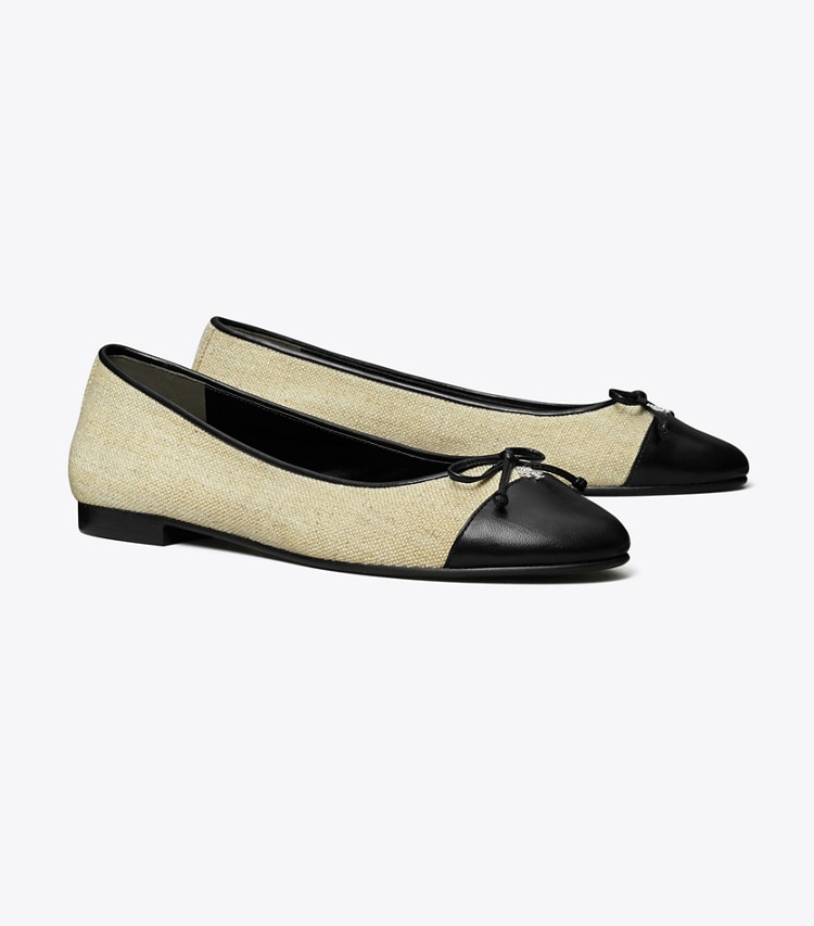 Tory Burch designer flats Cap-Toe Ballet in WILD WHEAT / PERFECT BLACK angle