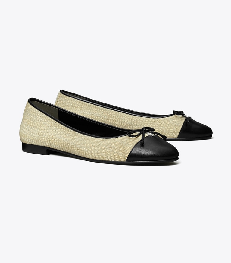 Tory Burch designer flats Cap-Toe Ballet in WILD WHEAT / PERFECT BLACK angle
