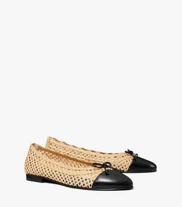 Tory Burch designer flats Cap-Toe Ballet in NATURAL / BLACK angle