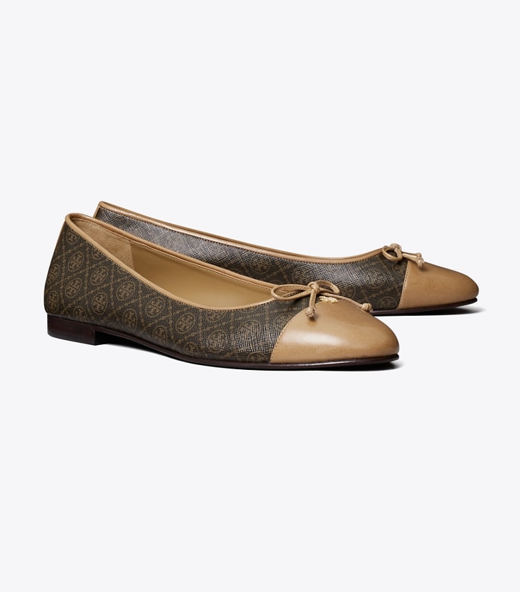 Tory Burch designer フラット キャップトゥ バレエ in FRENCH PRESS T MONO / TAN angle