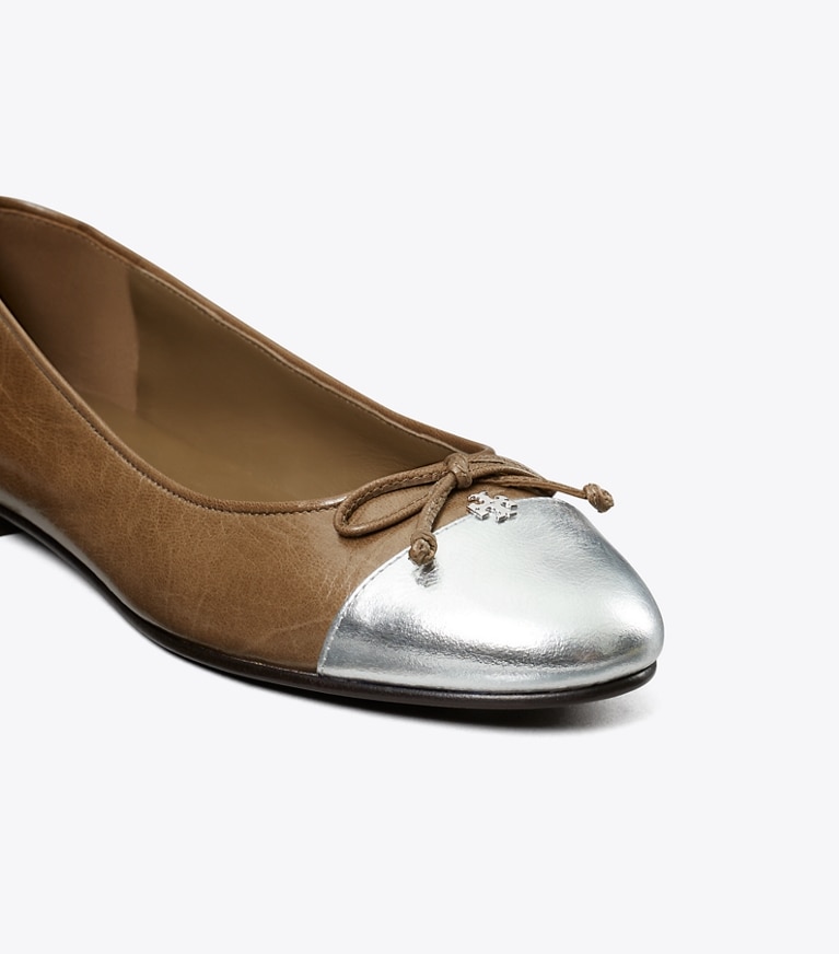 Tory Burch designer flats Cap-Toe Ballet in WILD MUSHROOM / SILVER angle