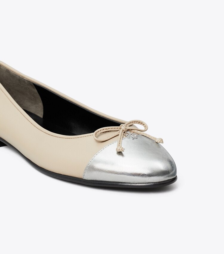 Tory Burch designer flats Cap-Toe Ballet in OYSTER / SILVER detail