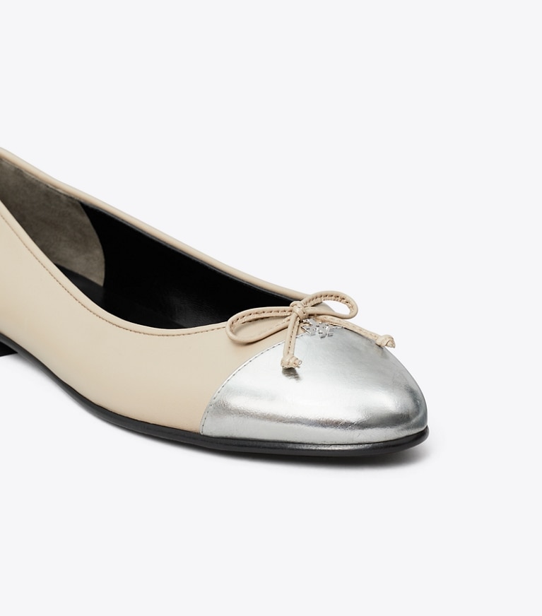 Tory Burch designer flats Cap-Toe Ballet in OYSTER / SILVER angle