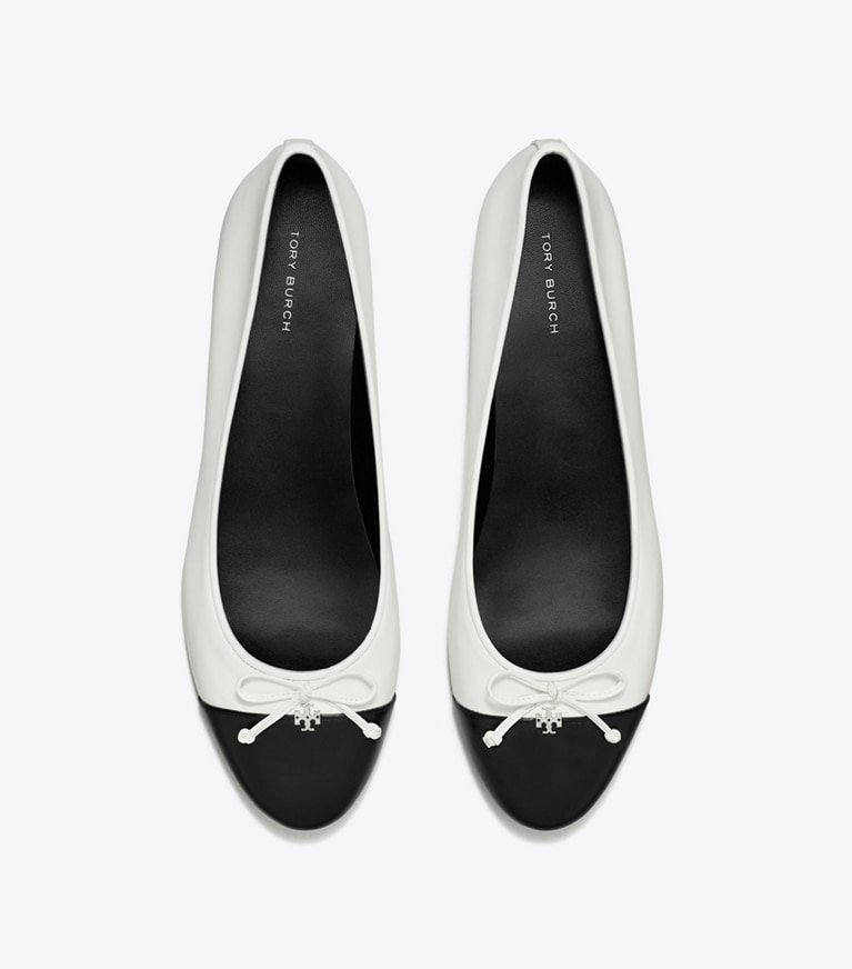 Tory Burch designer flats Cap-Toe Ballet in CLOUD / PERFECT BLACK overhead